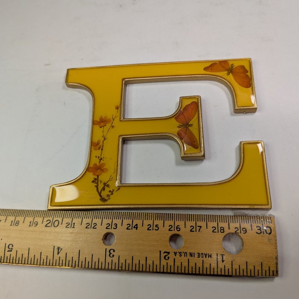 mid-century enamel metal initial Letter E Mustard Yellow w Butterflies & Flower